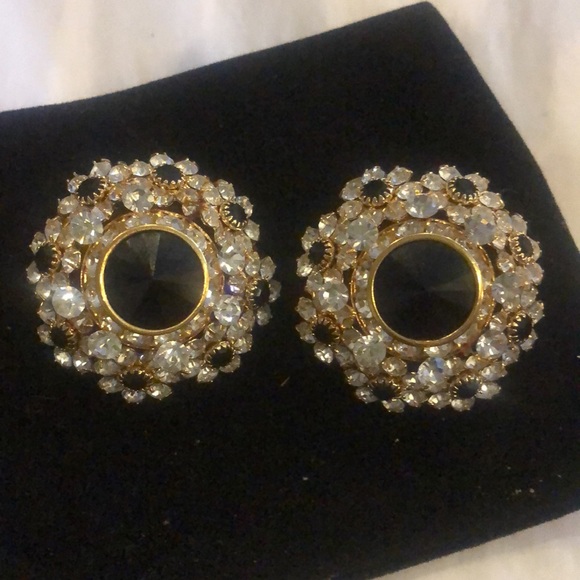 Stunning Jet Black & Crystal Dramatic Button Earrings-Clip On-Boutique - Picture 7 of 8
